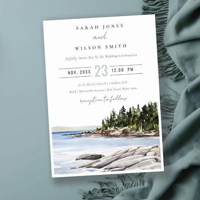 Invitación Rocky Pine Watercolor Seascape Boda (Subido por el creador)