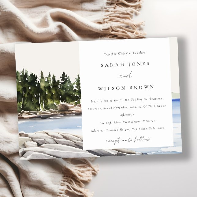 Invitación Rocky Pine Watercolor Seascape Boda (Subido por el creador)