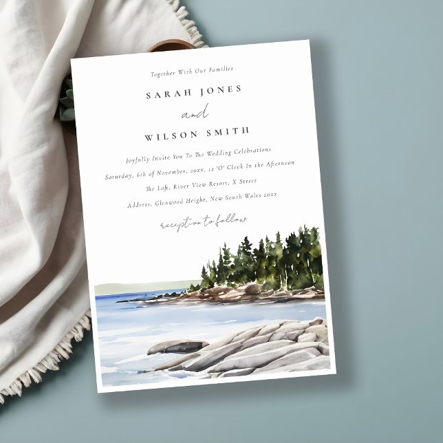 Invitación Rocky Pine Watercolor Seascape Boda (Subido por el creador)
