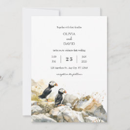 Invitación Rocky Shoreline con Puffins Couple Beach Wedding