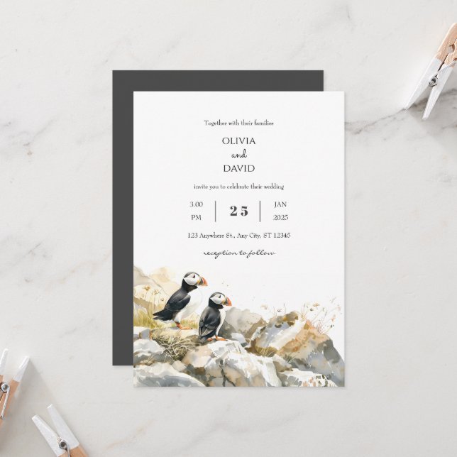 Invitación Rocky Shoreline con Puffins Couple Beach Wedding (Anverso/Reverso In Situ)