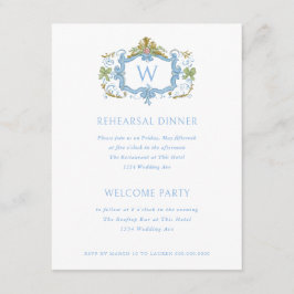 Invitación Rococo Blue Monogram Crest Rehearsal Dinner
