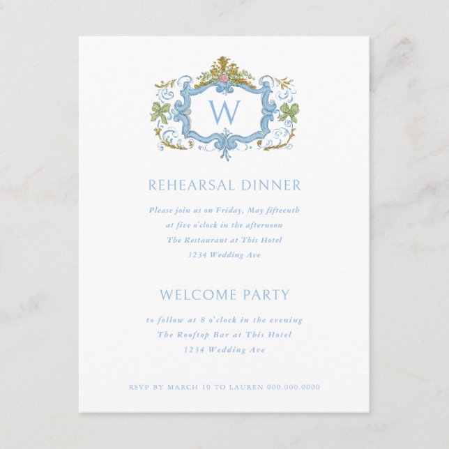 Invitación Rococo Blue Monogram Crest Rehearsal Dinner (Anverso)