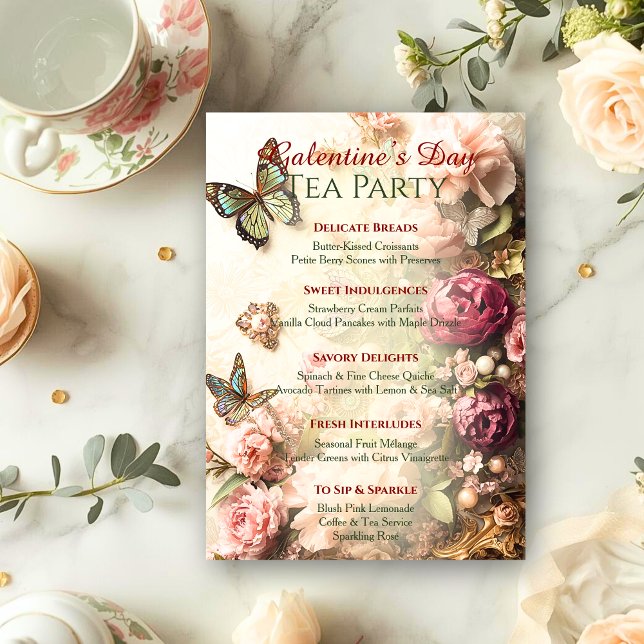 Invitación Rococo Butterfly Garden Galentine Tea Party Menu (Subido por el creador)