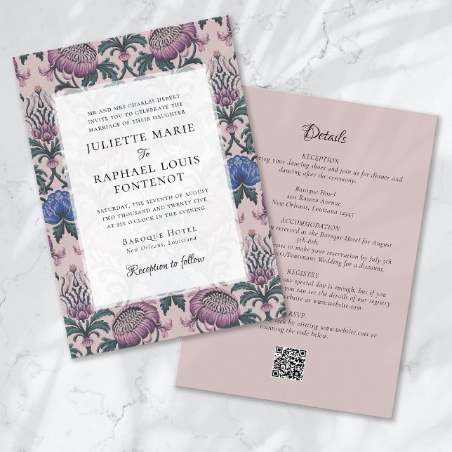 Invitación Rococo rosa barroco floral todo en un solo Boda (Subido por el creador)