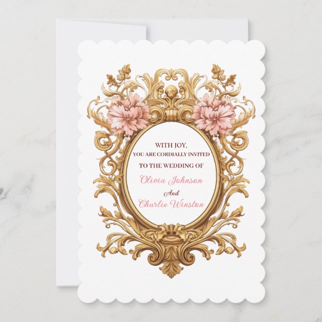Invitación Rococo Royal Wedding Blush Florals Golden Scrolls (Anverso)