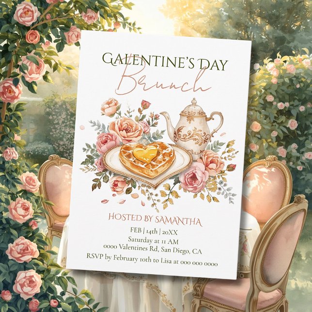 Invitación Rococo Tea Heart Waffle Galentine Brunch Florals (Subido por el creador)