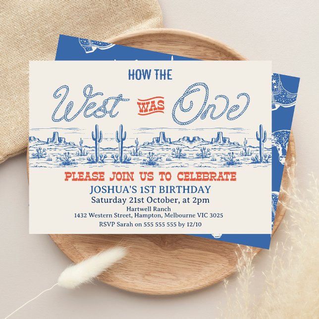 Invitación Rodeo azul de la época de la virgen Cómo Oeste fue (How the West was One 1st Birthday Invitation, Western 1st Birthday Invitation Boy, Wild West, Rope)