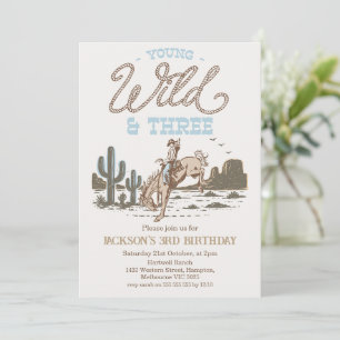 Invitación Rodeo Azul Marrón Joven Salvaje Tres 3er Cumpleaño