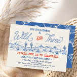 Invitación Rodeo azul vintage Wild y tres cumpleaños<br><div class="desc">Viñeta azul Rodeo salvaje y 3 cumpleaños Invitación Niños estilo vintage salvaje y tres rodeo, occidental, salvaje oeste o vaquero invitación de 3 años con una imagen del desierto azul. Esta invitación de tercer cumpleaños con temática occidental para niños también incluye texto no editable de estilo rojo y azul occidental....</div>