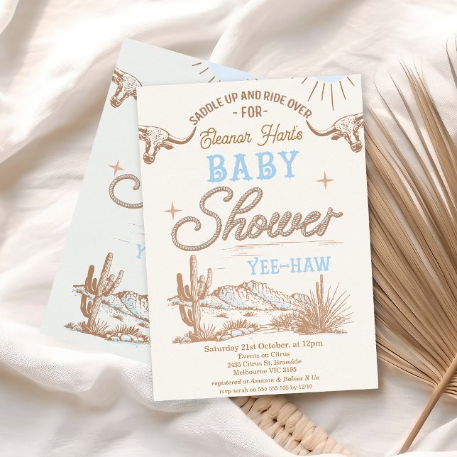 Invitación Rodeo Blue Boys Rodeo Cowboy Baby Shower Occidenta (Vintage Baby Blue Brown Rodeo Baby Shower Invitation Baby Boy, Rope Text, Longhorn Cow Western)