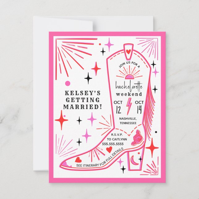Invitación Rodeo Cowgirl Rosa Bachelorette Fin de Semana Itin (Anverso)