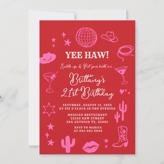 Invitación Rodeo de Bola de Discoteca Rosa y Rojo Cumpleaños  (Anverso)