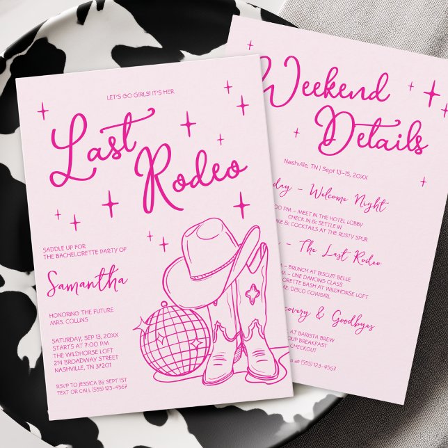 Invitación Rodeo de despedida de soltera rosa de Nashville (Pink Cowgirl Last Rodeo Bachelorette Party Weekend Invitation)