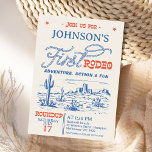 Invitación Rodeo del desierto azul del Oeste del Vintage<br><div class="desc">Viñeta Blue Western Desert Rodeo Invitación del primer cumpleaños Invitación Niño de color azul y rojo primer rodeo invitación con un paisaje desértico,  estilo de cuerda y otro tipo de letra estilo occidental.</div>