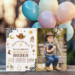 Invitación Rodeo First Birthday, Photo Cowboy Birthday Boy<br><div class="desc">Lindo diseño de Invitacion de Cumpleaños de Niño con Tematica Rodeo Vaquero! Personalice esta invitación de cumpleaños de construccion añadiendo sus propios detalles de evento. Haga del Primer cumpleños de su hijo algo muy especial!!. No lo piense y adquierala ya.</div>