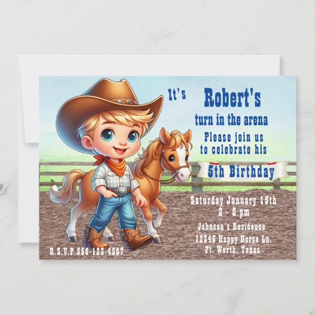 Invitación Rodeo Occidental Niño Vaquero Con Cumpleaños De Ca (Anverso)
