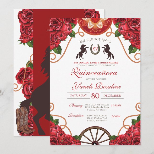 Invitación Rodeo Rodeo Rosa Rojo Charro Occidental Quinceaner (Anverso / Reverso)