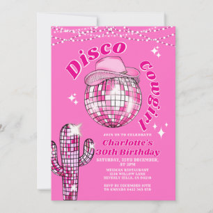 Invitación Rodeo Rosa Disco Vaquera Brillante Cumpleaños Cact