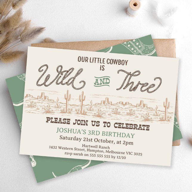 Invitación Rodeo verde de la época y tres cumpleaños (Sage Green Brown Rodeo Western Wild and Three 3rd Birthday Invitation Boy, Western Desert, Cowboy)