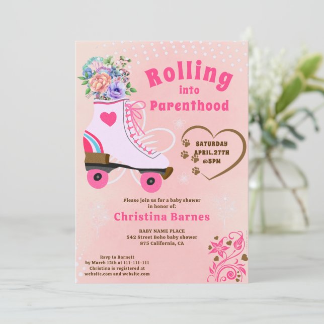 Invitación Rodillo de zócalo floral retro boho de bebé ducha (Anverso de pie)