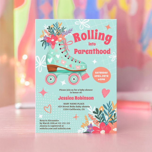 Invitación Rodillo de zócalo floral retro boho de bebé ducha (Retro floral teal roller skate boho baby shower invitation)