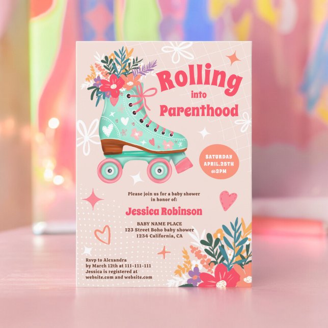 Invitación Rodillo de zócalo floral retro boho de bebé ducha (Retro floral teal roller skate boho baby shower invitation)