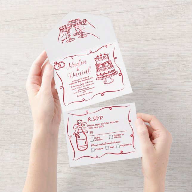 Invitación roja caprichosa de mano boda y RSVP (desgarro)