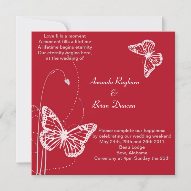 Invitación roja con las mariposas blancas (Anverso)
