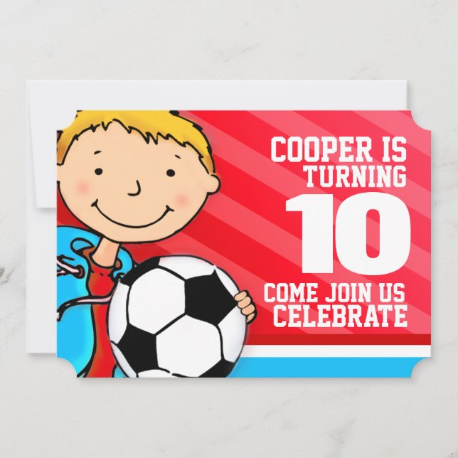 Invitación roja de 10 años al fútbol infantil (Anverso)