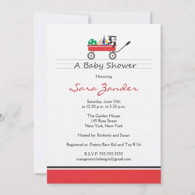 Invitación roja de Baby Shower del carro (Anverso)