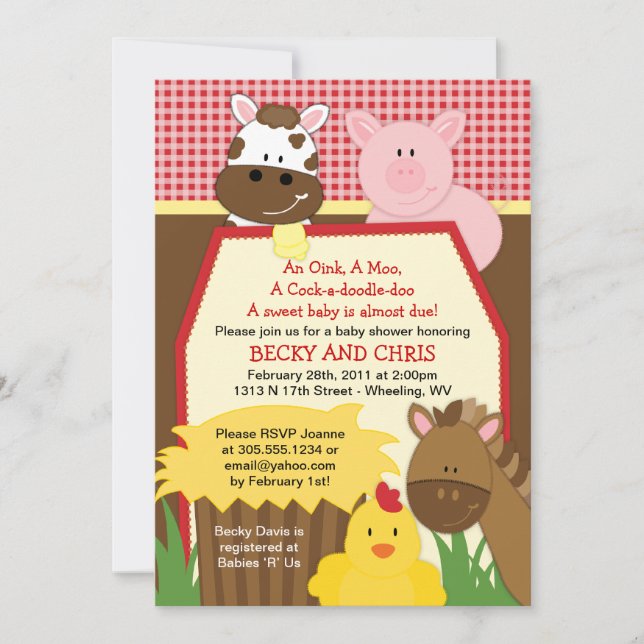 Invitación roja de Baby Shower del corral de la (Anverso)