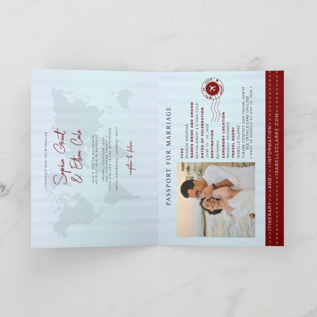 Invitación roja de boda de destino pasaporte (Interior)