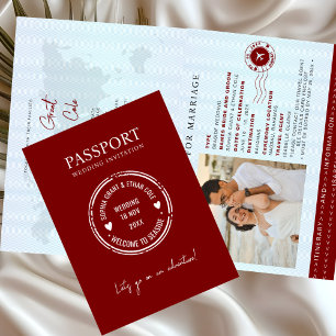 Invitación roja de boda de destino pasaporte