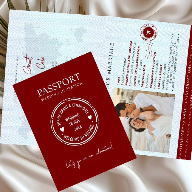 Invitación roja de boda de destino pasaporte (Subido por el creador)