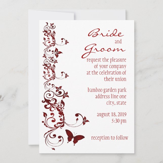 Invitación roja de la boda de la mariposa (Anverso)