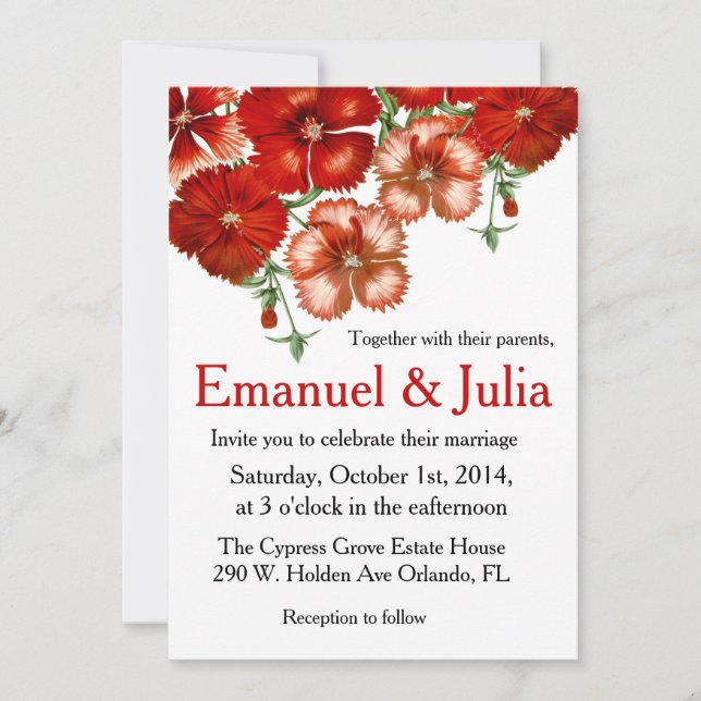 Invitación roja de la boda del clavel (Anverso)