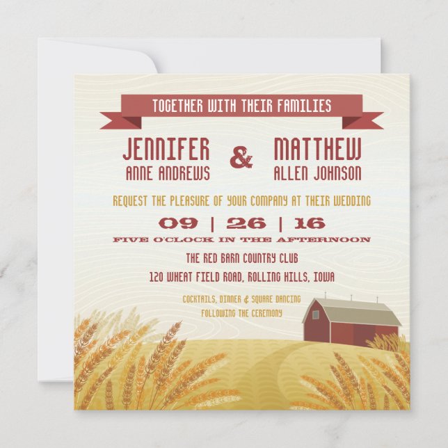 Invitación roja de la boda del granero (Anverso)