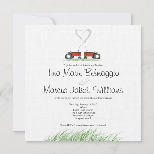 Invitación roja de la boda del tractor (Anverso)
