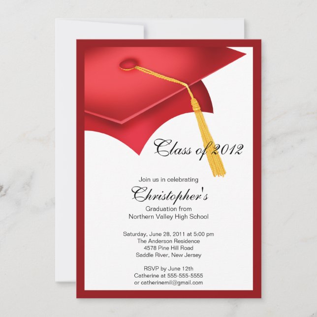 Invitación roja de la fiesta de graduación del (Anverso)