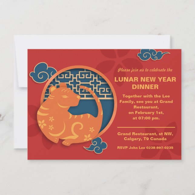 Invitación roja de oro a la cena de Año Nuevo chin (Anverso)