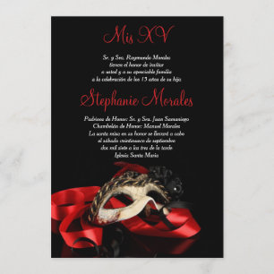 Invitación roja de Quinceanera de la mascarada