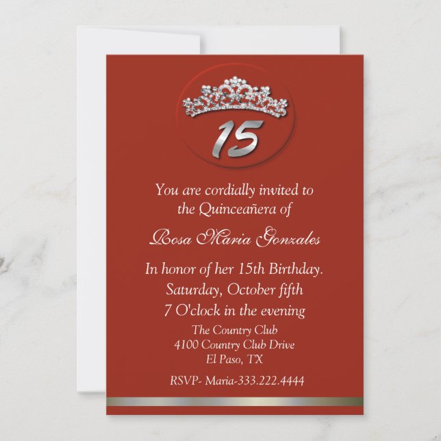 Invitación roja de Quinceañera de la tiara (Anverso)