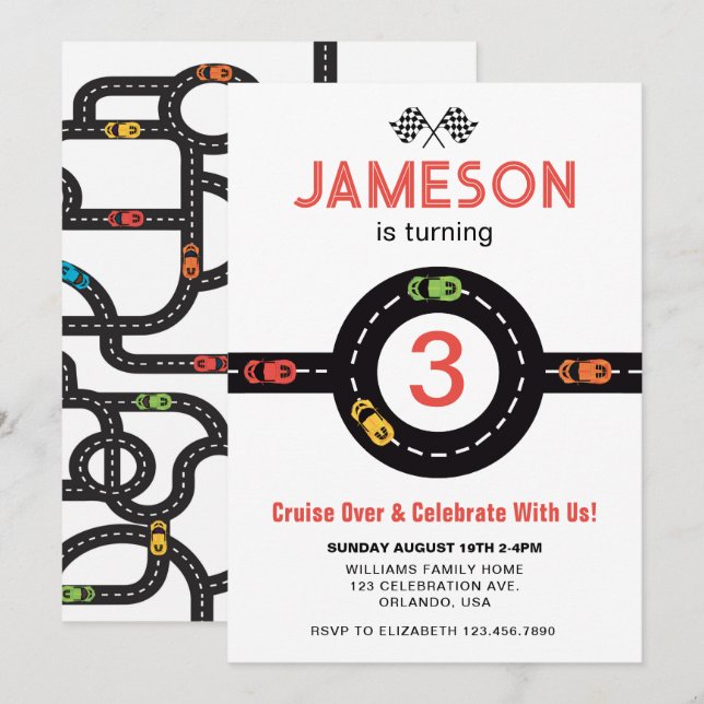 Invitación roja de tercer cumpleaños de Race Track (Anverso / Reverso)