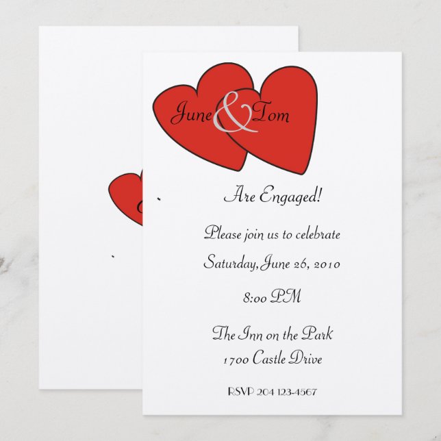 Invitación roja del compromiso de los corazones (Anverso / Reverso)