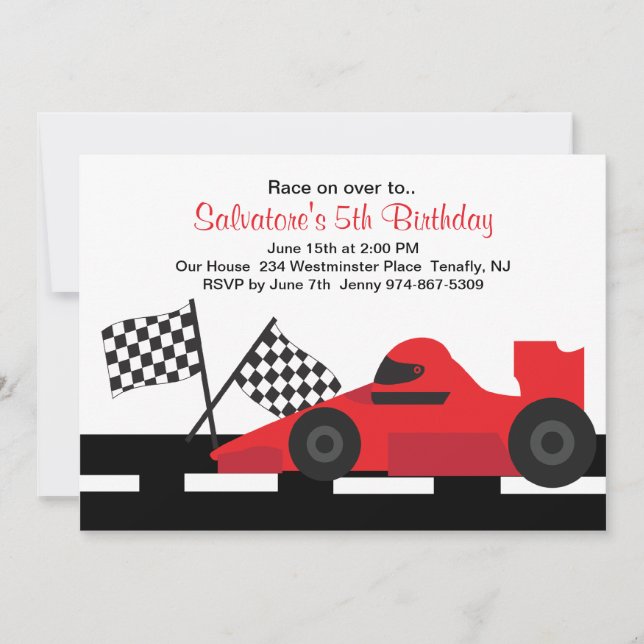 Invitación roja del cumpleaños de los muchachos (Anverso)