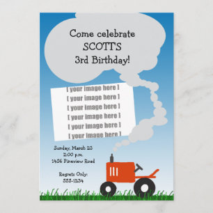 Invitación roja del fiesta de la foto del tractor
