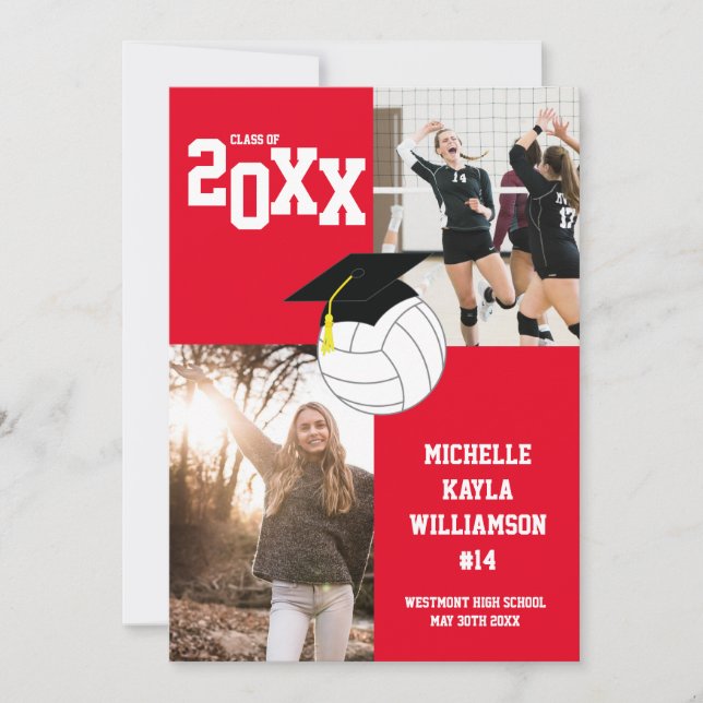 Invitación Roja Deportes de Voleibol Graduado (Anverso)