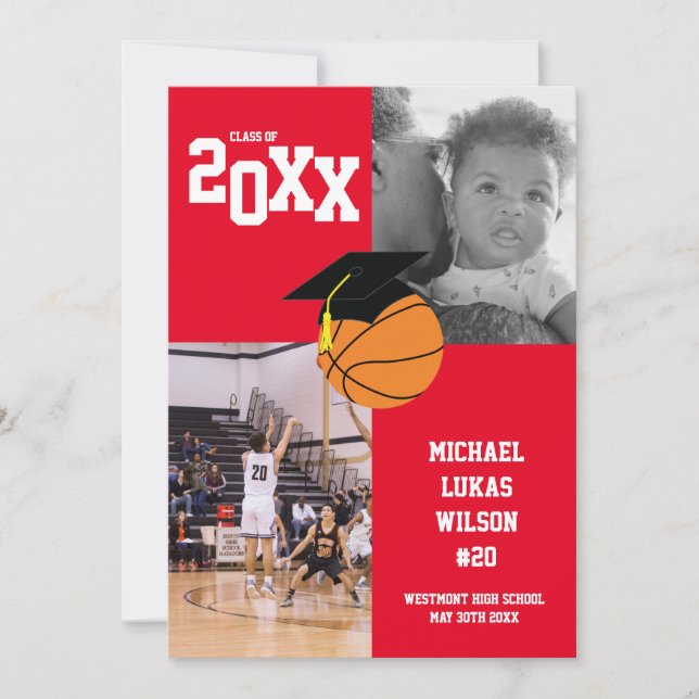 Invitación Roja Deportiva de Baloncesto Graduación (Anverso)