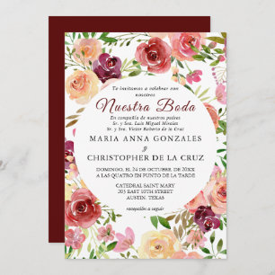 Invitación Roja Flores Boda Elegante Boda formal española